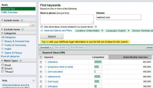 AdWords Keyword Tool showing site-related keywords