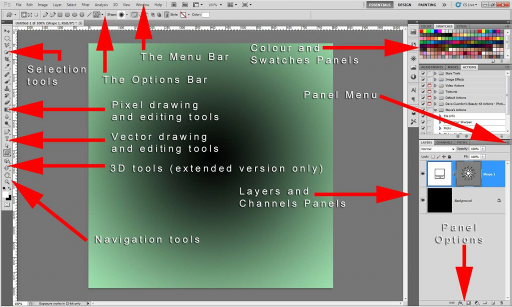 the default Adobe Photoshop workspace layout
